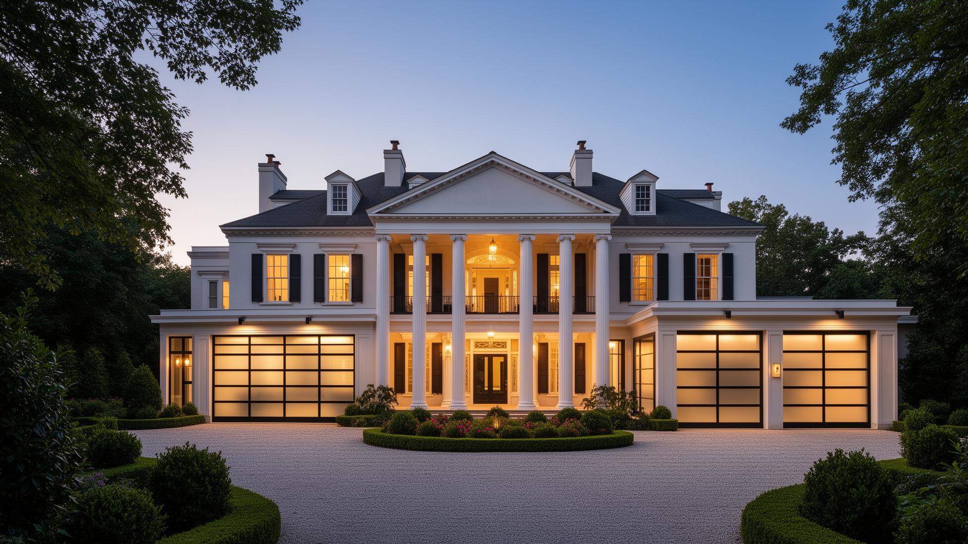 Elegant Georgian mansion with modern glass and aluminum garage doors at dusk, showcasing premium custom garage door installation by Philomath Garage Doors